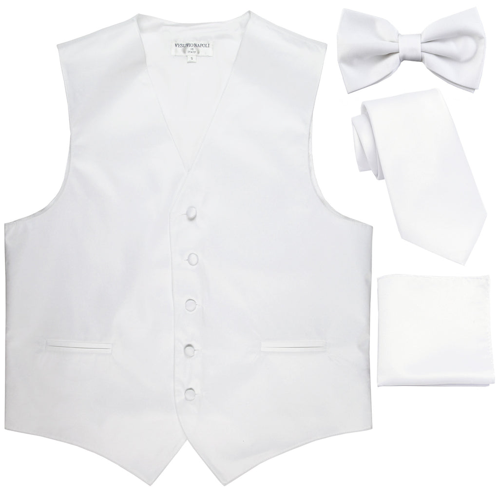 New Men's solid Tuxedo Vest Waistcoat & necktie & Bow tie & Hankie prom white