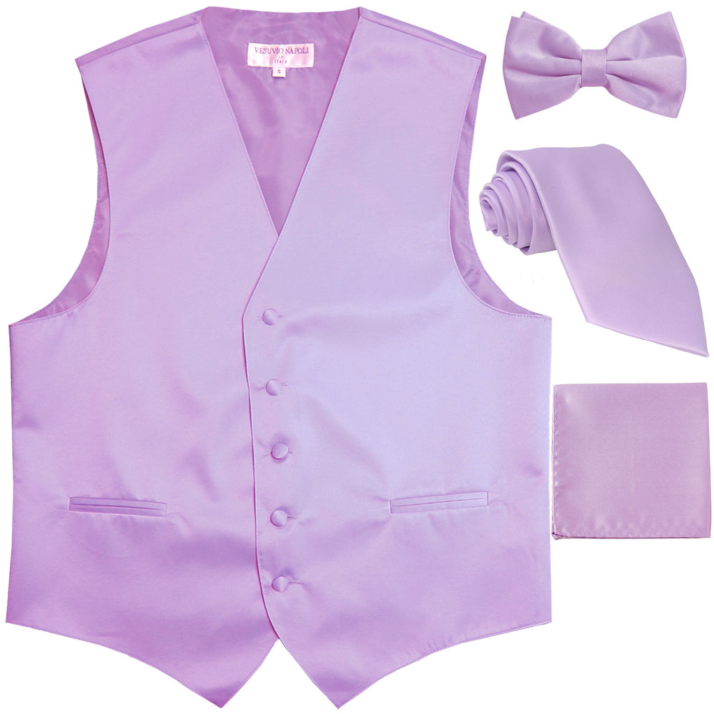 New Men's solid Tuxedo Vest Waistcoat & necktie & Bow tie & Hankie prom lavender