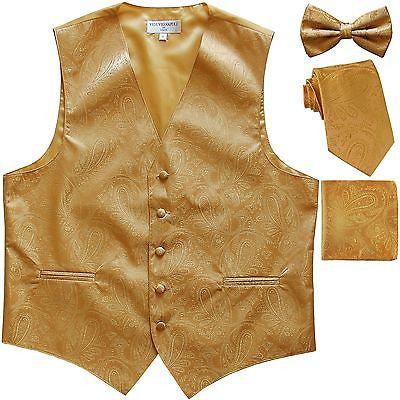 New Men's Paisley Tuxedo Vest Waistcoat & necktie & Bow tie & Hankie Gold