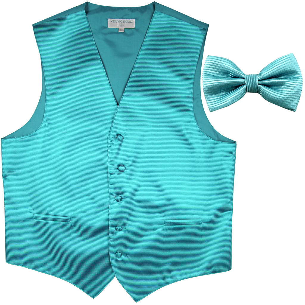 New formal men's tuxedo vest waistcoat & bowtie horizontal stripes prom turquoise