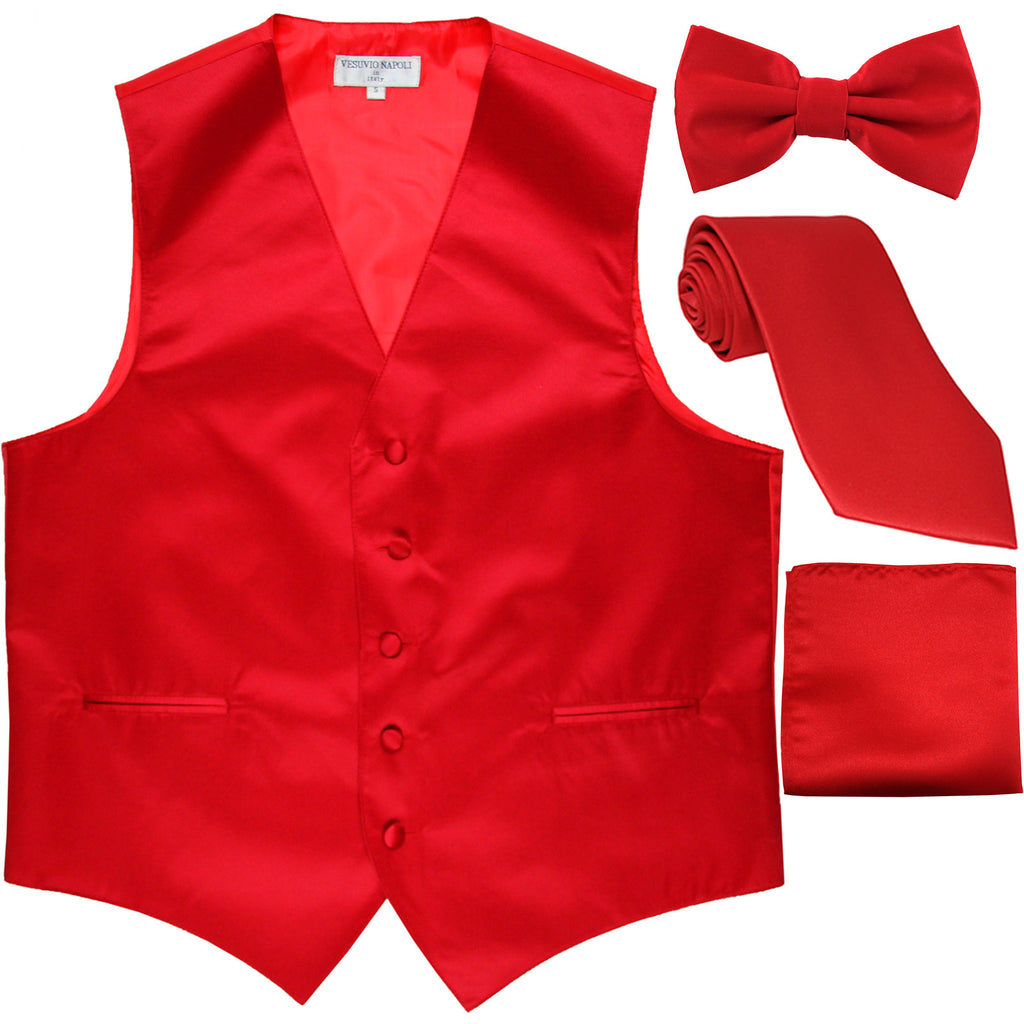 New Men's solid Tuxedo Vest Waistcoat & necktie & Bow tie & Hankie prom red