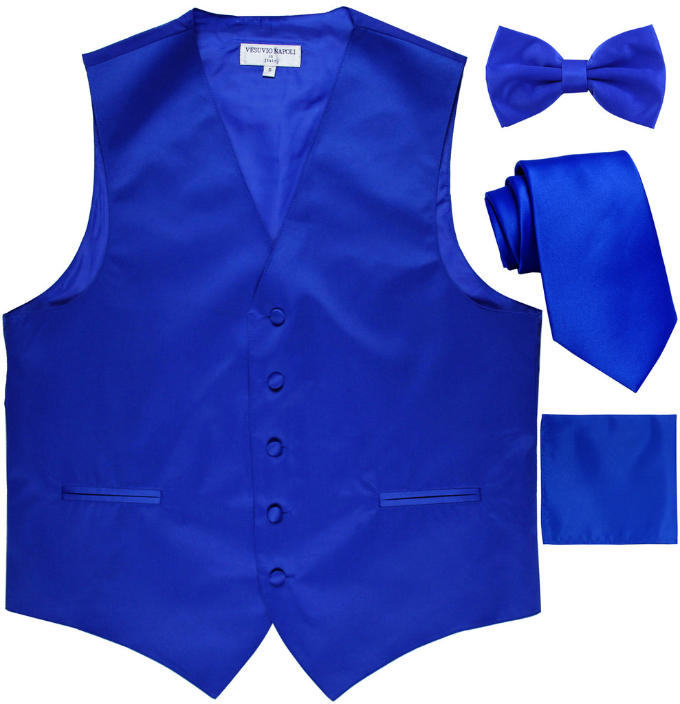 New Men's solid Tuxedo Vest Waistcoat & necktie & Bow tie & Hankie prom royal blue