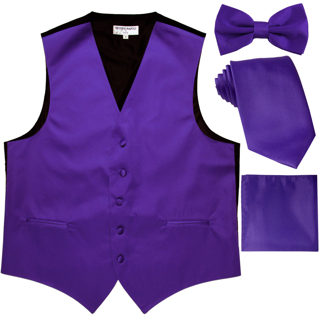 New Men's solid Tuxedo Vest Waistcoat & necktie & Bow tie & Hankie prom purple