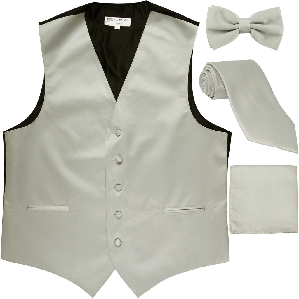 New Men's solid Tuxedo Vest Waistcoat & necktie & Bow tie & Hankie prom silver