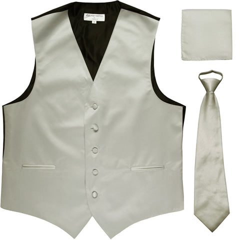 New Men's formal vest Tuxedo Waistcoat pre-tied neck tie and hankie silver