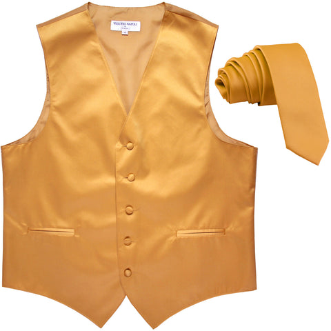 New Men's Formal Tuxedo Vest Waistcoat_2.5" skinny Necktie solid wedding gold