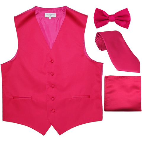 New Men's solid Tuxedo Vest Waistcoat & necktie & Bow tie & Hankie prom hot pink