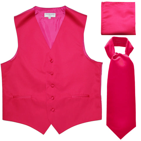 New Men's formal vest Tuxedo Waistcoat ascot hankie set wedding prom hot pink