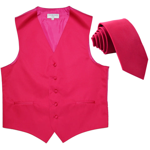 New Men's Formal Tuxedo Vest Waistcoat_2.5" skinny Necktie solid wedding hot pink