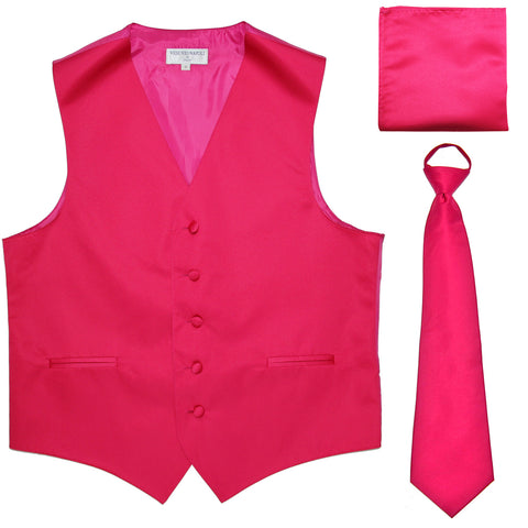 New Men's formal vest Tuxedo Waistcoat pre-tied neck tie and hankie hot pink