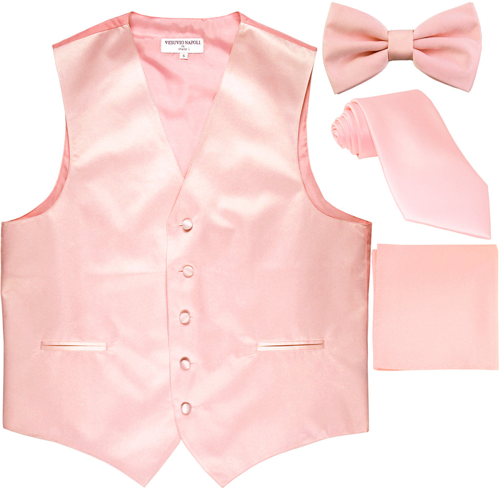 New Men's solid Tuxedo Vest Waistcoat & necktie & Bow tie & Hankie prom pink