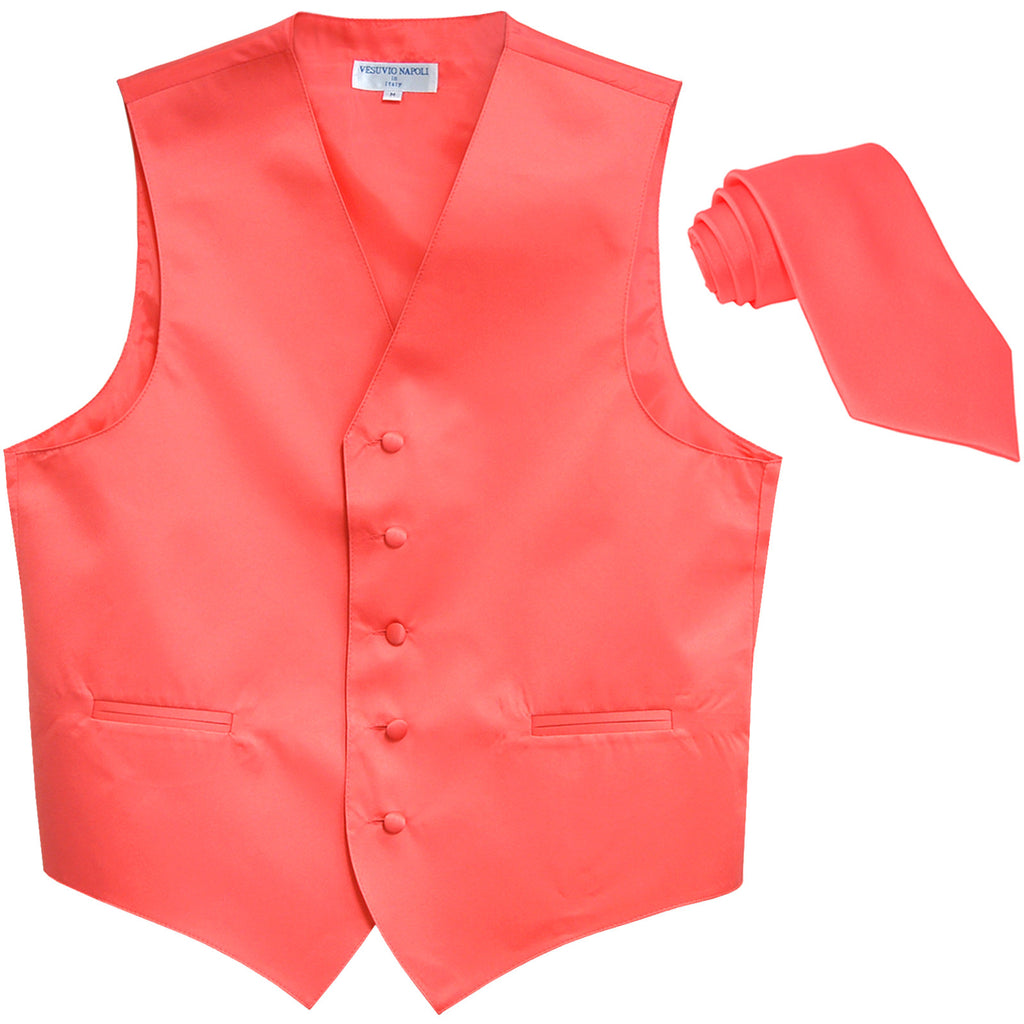 New Men's Formal Tuxedo Vest Waistcoat_Necktie solid wedding prom coral