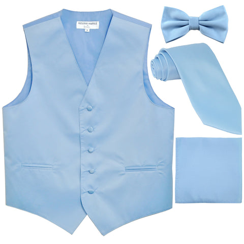 New Men's solid Tuxedo Vest Waistcoat & necktie & Bow tie & Hankie prom light blue