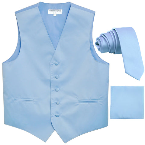 New Men's formal vest Tuxedo Waistcoat_2.5" necktie & hankie wedding light blue