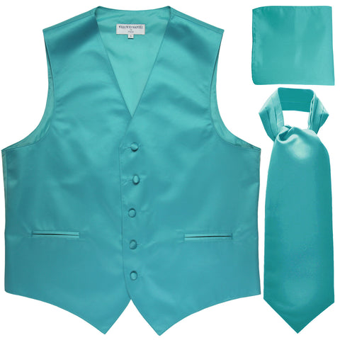 New Men's formal vest Tuxedo Waistcoat ascot hankie set wedding prom aqua blue
