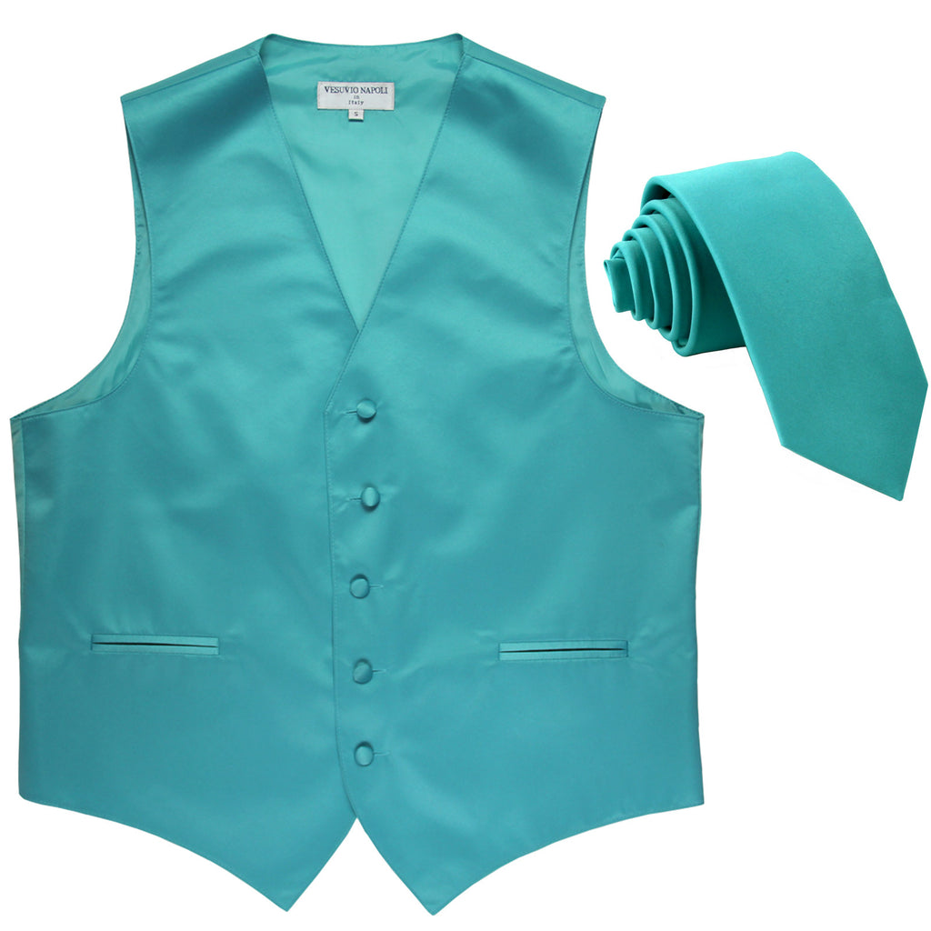 New Men's Formal Tuxedo Vest Waistcoat_2.5" skinny Necktie solid wedding aqua blue