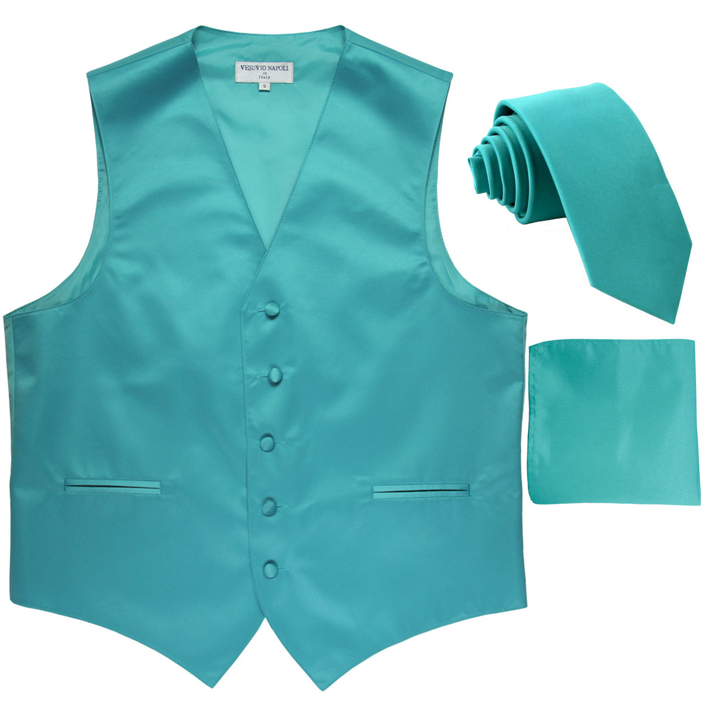 New Men's formal vest Tuxedo Waistcoat_2.5" necktie & hankie wedding aqua blue