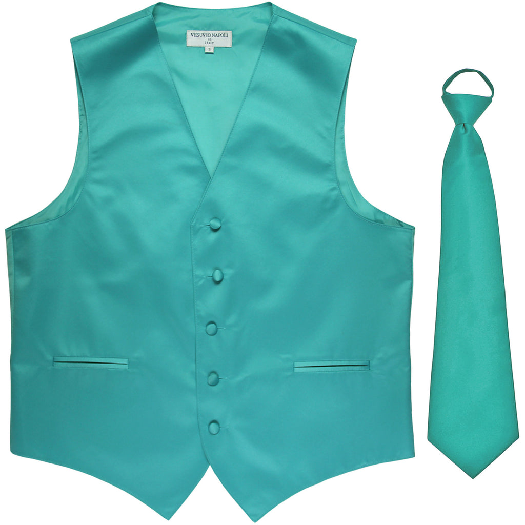 New Men's Formal Tuxedo Vest Waistcoat Pre-tied Necktie solid wedding prom aqua blue