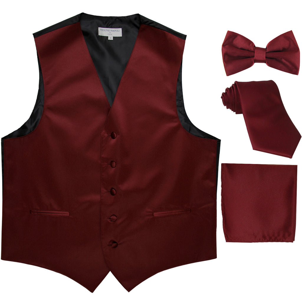 New Men's solid Tuxedo Vest Waistcoat & necktie & Bow tie & Hankie prom burgundy