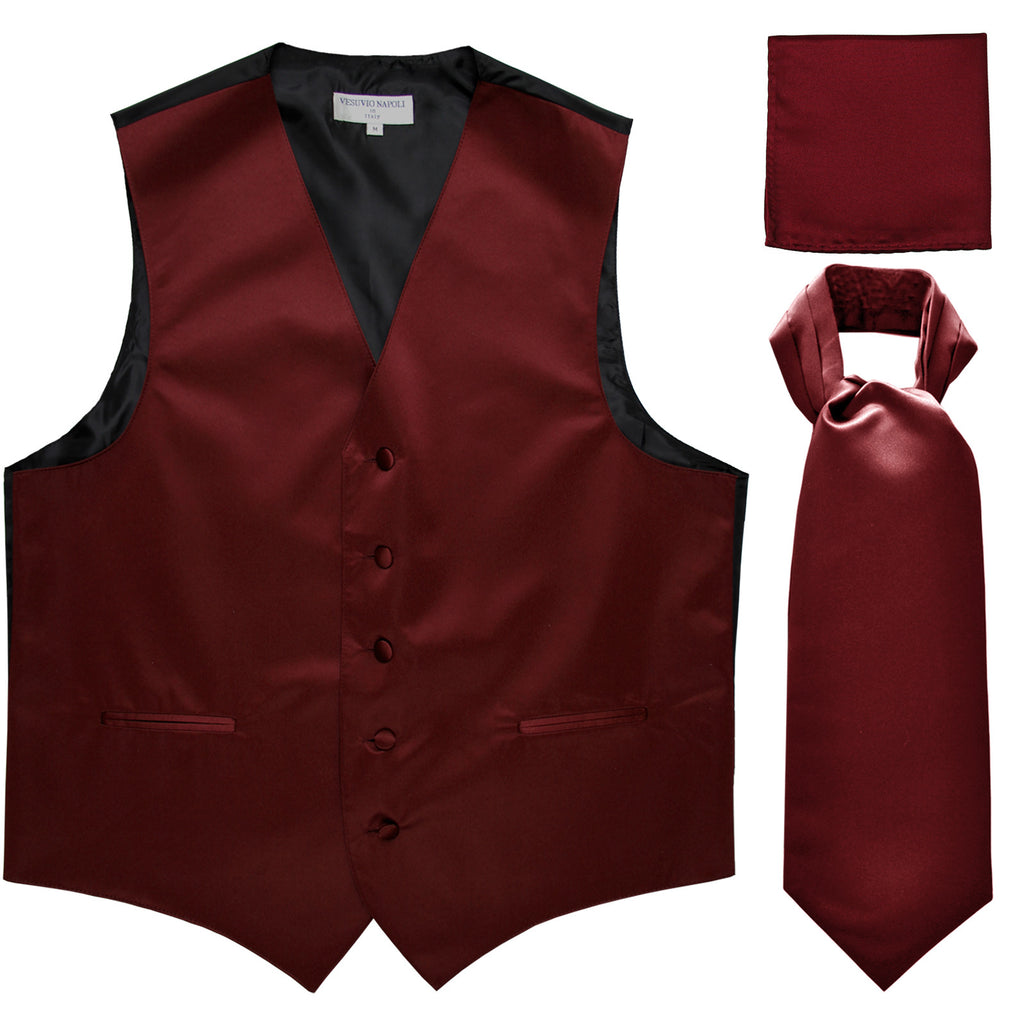 New Men's formal vest Tuxedo Waistcoat ascot hankie set wedding prom burgundy