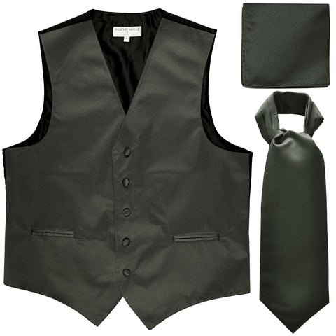 New Men's formal vest Tuxedo Waistcoat ascot hankie set wedding prom dark gray