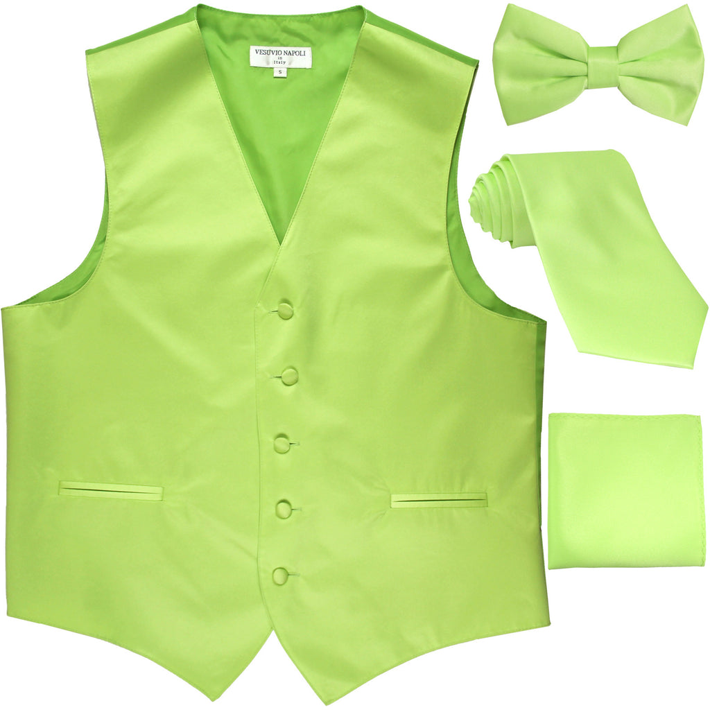 New Men's solid Tuxedo Vest Waistcoat & necktie & Bow tie & Hankie prom lime green