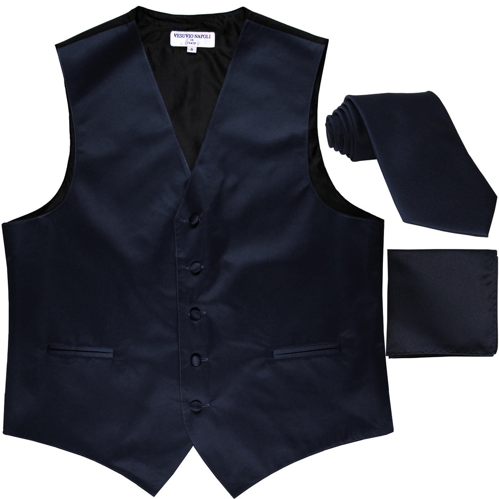 New Men's formal vest Tuxedo Waistcoat_necktie & hankie set wedding navy