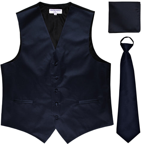 New Men's formal vest Tuxedo Waistcoat pre-tied neck tie and hankie navy