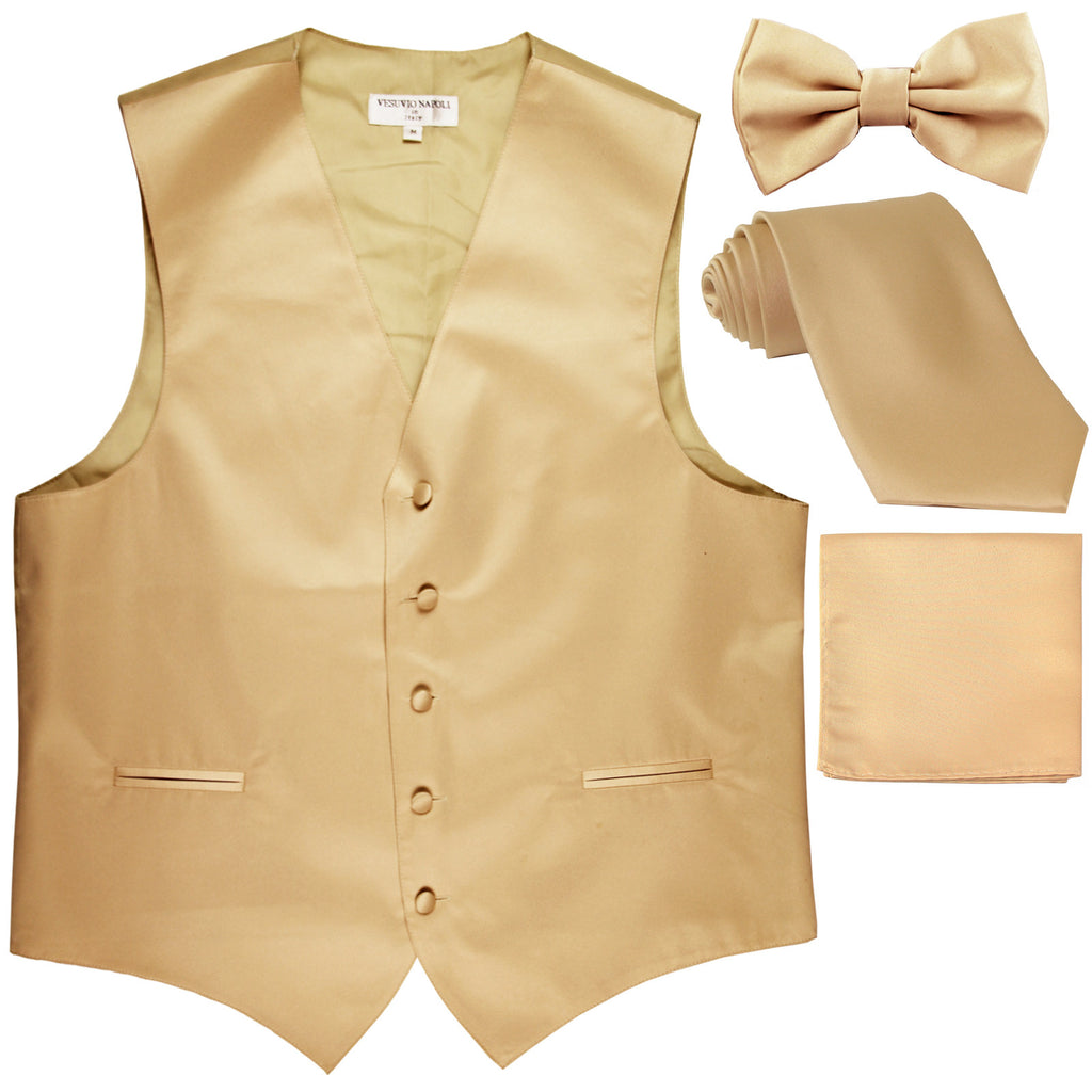 New Men's solid Tuxedo Vest Waistcoat & necktie & Bow tie & Hankie prom beige