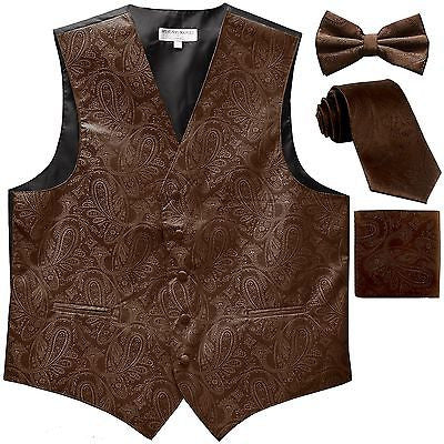 New Men's Paisley Tuxedo Vest Waistcoat & necktie & Bow tie & Hankie Brown