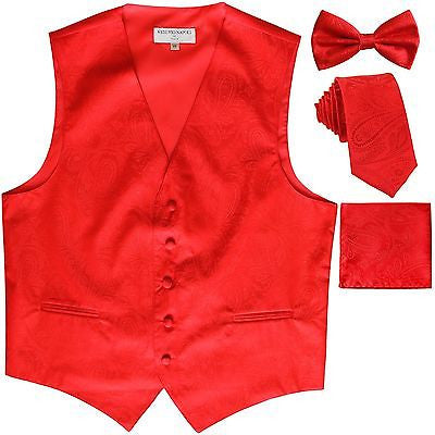 New Men's Paisley Tuxedo Vest Waistcoat & necktie & Bow tie & Hankie Red