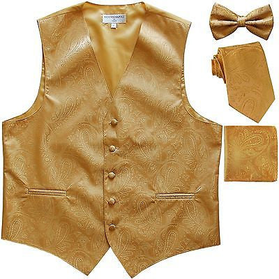 New Men's Paisley Tuxedo Vest Waistcoat & necktie & Bow tie & Hankie Gold