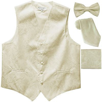 New Men's Paisley Tuxedo Vest Waistcoat & necktie & Bow tie & Hankie Ivory