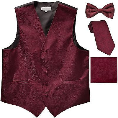 New Men's Paisley Tuxedo Vest Waistcoat & necktie & Bow tie & Hankie Burgundy