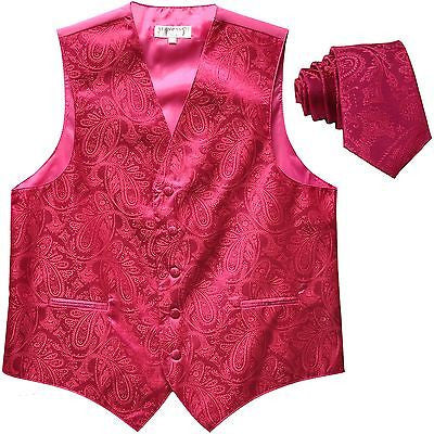 New Men's Formal Vest Tuxedo Waistcoat_necktie paisley pattern wedding hot pink