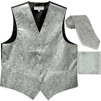 New Men's Formal Vest Tuxedo Waistcoat_necktie set paisley pattern prom silver