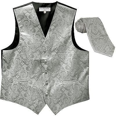 New Men's Formal Vest Tuxedo Waistcoat_necktie paisley pattern prom silver