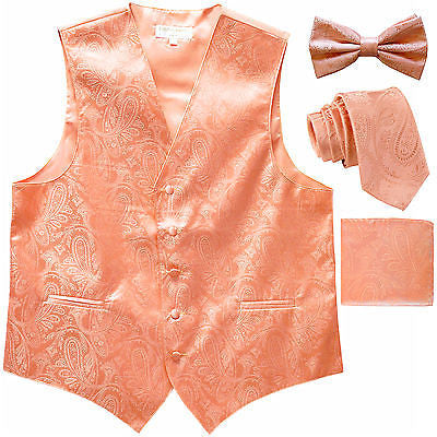 New Men's Paisley Tuxedo Vest Waistcoat & necktie & Bow tie & Hankie Peach