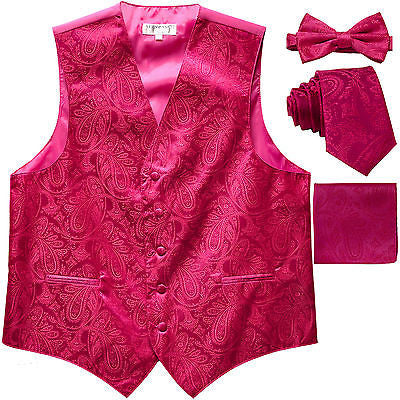 New Men's Paisley Tuxedo Vest Waistcoat & necktie & Bow tie & Hankie Hot Pink