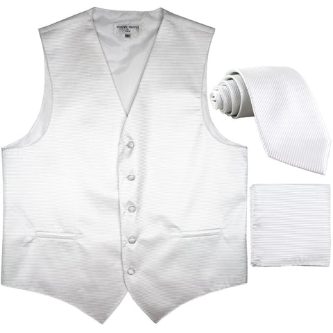 New Men's Horizontal Stripes Tuxedo Vest Waistcoat_tie & hankie formal white