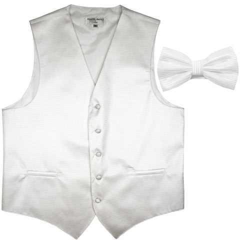 New formal men's tuxedo vest waistcoat & bowtie horizontal stripes prom white