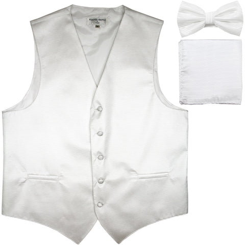 New Men's Horizontal Stripes Tuxedo Vest Waistcoat_bowtie & Hankie white