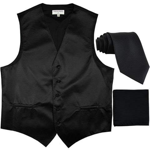 New Men's Horizontal Stripes Tuxedo Vest Waistcoat_tie & hankie formal black