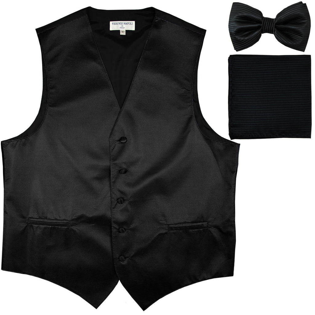 New Men's Horizontal Stripes Tuxedo Vest Waistcoat_bowtie & Hankie black