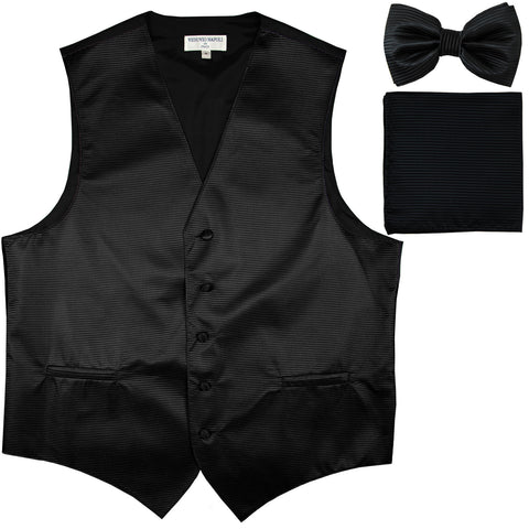 New Men's Horizontal Stripes Tuxedo Vest Waistcoat_bowtie & Hankie black