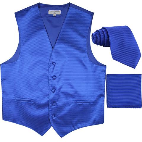 New Men's Horizontal Stripes Tuxedo Vest Waistcoat_tie & hankie formal royal blue
