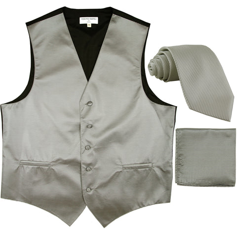 New Men's Horizontal Stripes Tuxedo Vest Waistcoat_tie & hankie formal gray