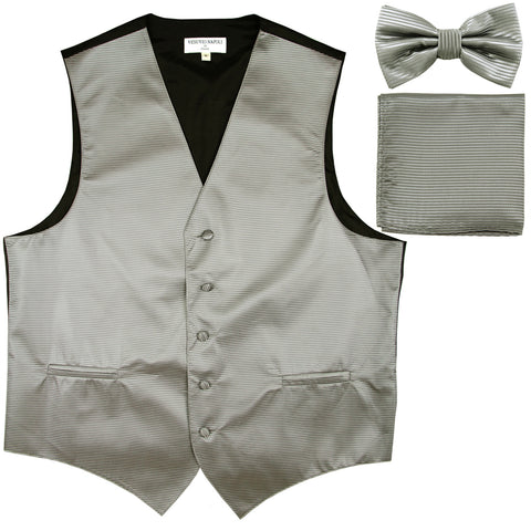 New Men's Horizontal Stripes Tuxedo Vest Waistcoat_bowtie & Hankie gray