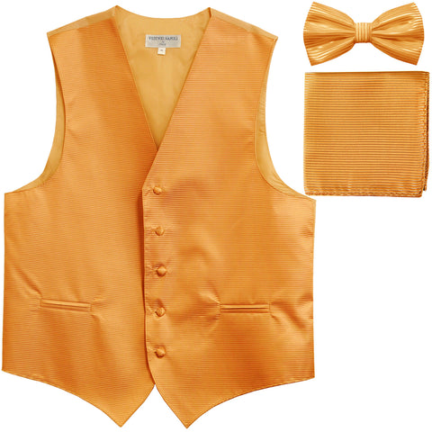 New Men's Horizontal Stripes Tuxedo Vest Waistcoat_bowtie & Hankie gold
