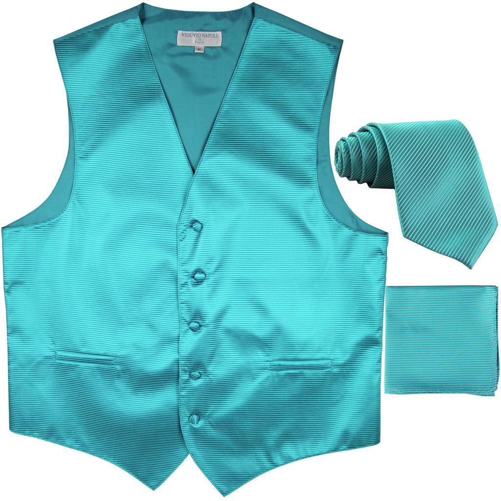 New Men's Horizontal Stripes Tuxedo Vest Waistcoat_tie & hankie formal turquoise